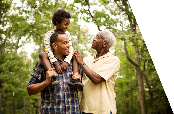 Smiling multigenerational family standing in forest